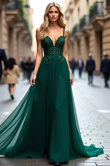 Robe de bal longue en tulle une ligne vert foncé avec appliques de dentelle